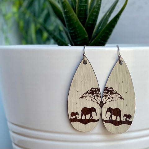Solid Walnut Elephant Earrings – Mother & Calf Design | Hand-Painted, Laser Engraved, Hypoallergenic