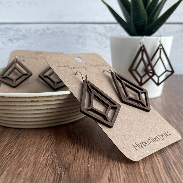 Geometric Solid Walnut Earrings – Modern Laser-Cut Wood Design | Hypoallergenic, Nickel-Free