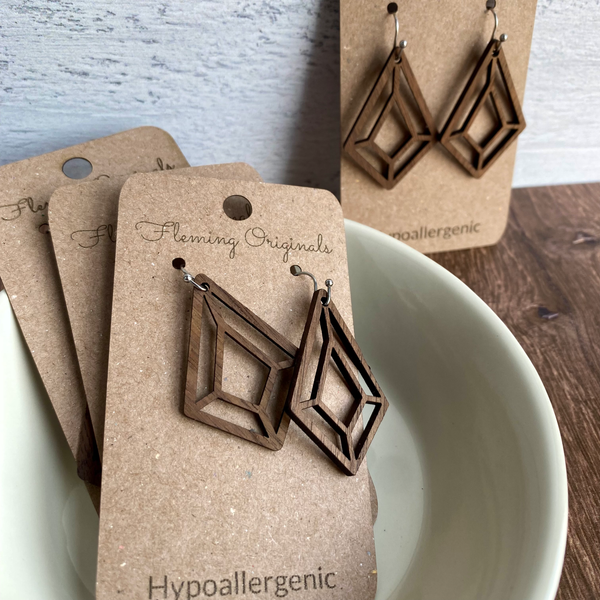Geometric Solid Walnut Earrings – Modern Laser-Cut Wood Design | Hypoallergenic, Nickel-Free