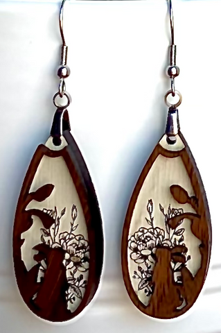 Solid Walnut Layered Wood Earrings – Hand-Painted with Non-Toxic Mineral Paint | Laser Engraved & Cut, Hypoallergenic