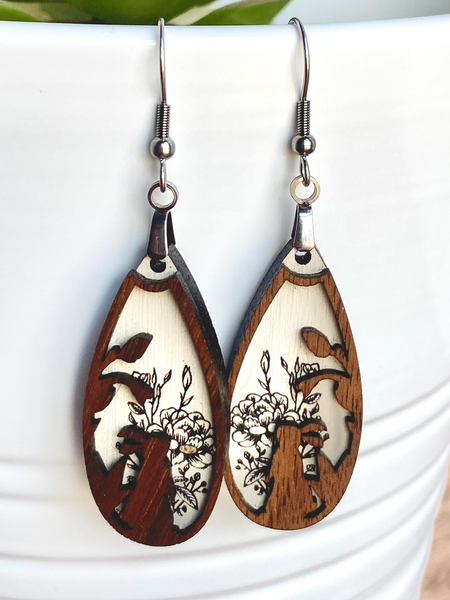 Solid Walnut Layered Wood Earrings – Hand-Painted with Non-Toxic Mineral Paint | Laser Engraved & Cut, Hypoallergenic