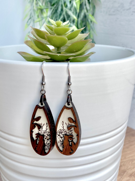 Solid Walnut Layered Wood Earrings – Hand-Painted with Non-Toxic Mineral Paint | Laser Engraved & Cut, Hypoallergenic