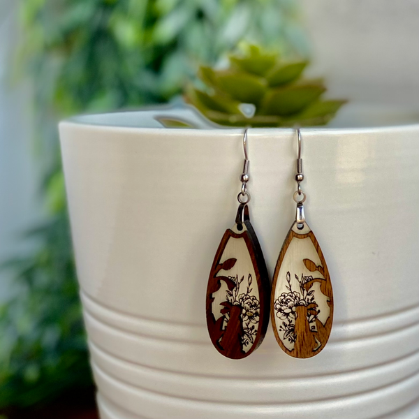Solid Walnut Layered Wood Earrings – Hand-Painted with Non-Toxic Mineral Paint | Laser Engraved & Cut, Hypoallergenic