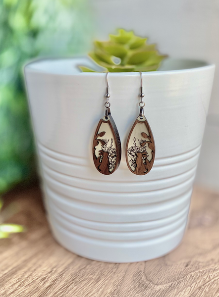 Solid Walnut Layered Wood Earrings – Hand-Painted with Non-Toxic Mineral Paint | Laser Engraved & Cut, Hypoallergenic