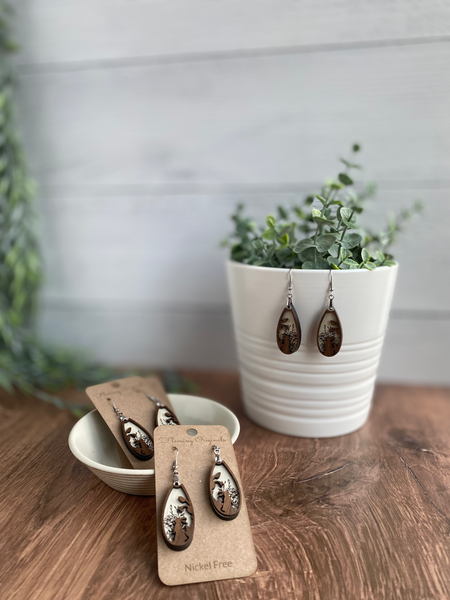 Solid Walnut Layered Wood Earrings – Hand-Painted with Non-Toxic Mineral Paint | Laser Engraved & Cut, Hypoallergenic