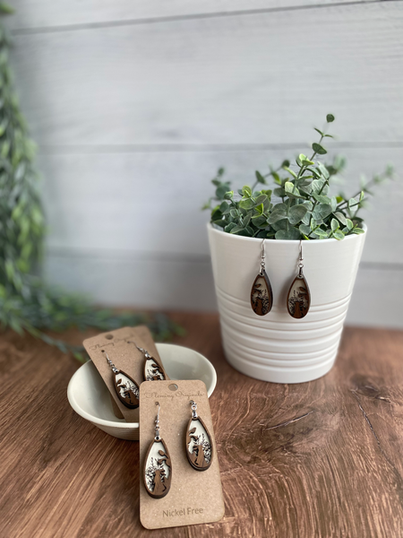 Solid Walnut Layered Wood Earrings – Hand-Painted with Non-Toxic Mineral Paint | Laser Engraved & Cut, Hypoallergenic
