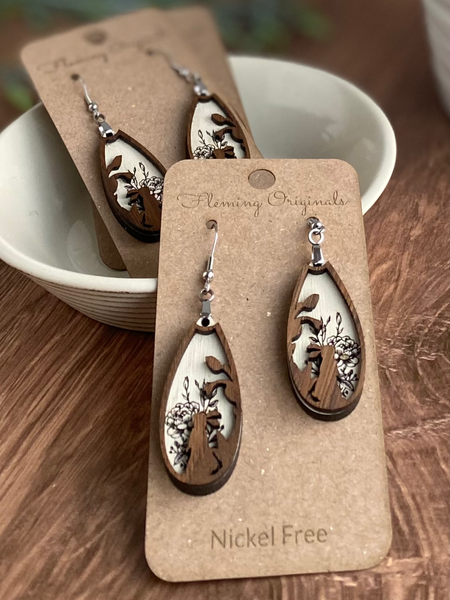 Solid Walnut Layered Wood Earrings – Hand-Painted with Non-Toxic Mineral Paint | Laser Engraved & Cut, Hypoallergenic